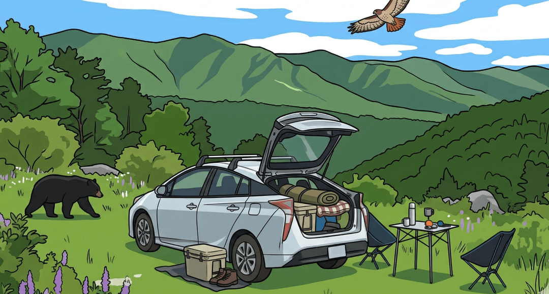 Illustrated scene of car camping in the mountains